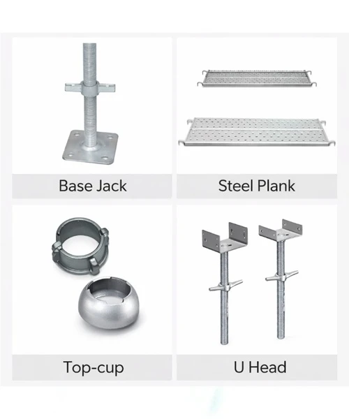 Cuplock scaffolding components including base jack, steel plank and top cup