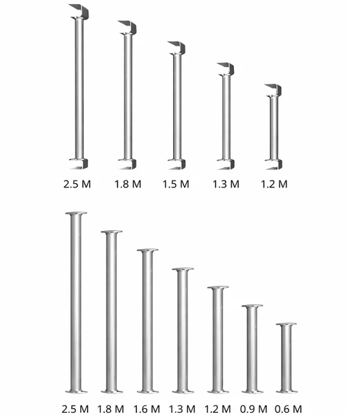 Cuplock scaffolding props and adjustable steel supports with size variations