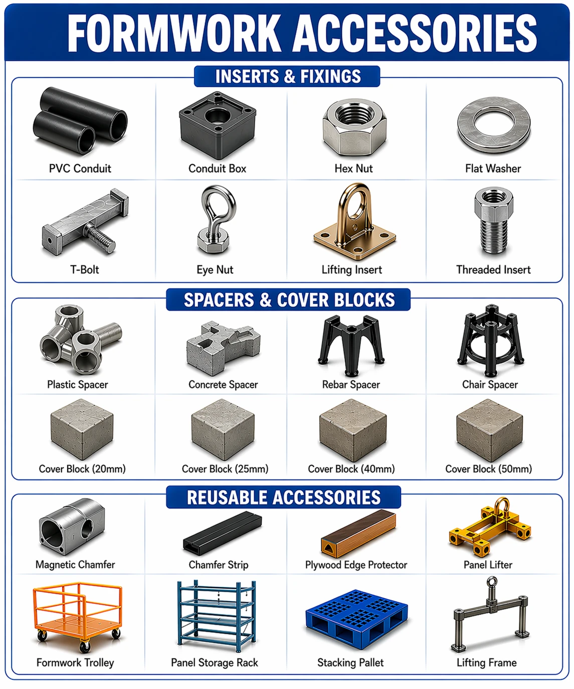Formwork inserts, spacers and reusable construction accessories