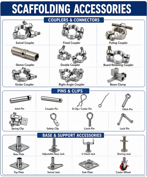 Scaffolding couplers, connectors and base accessories