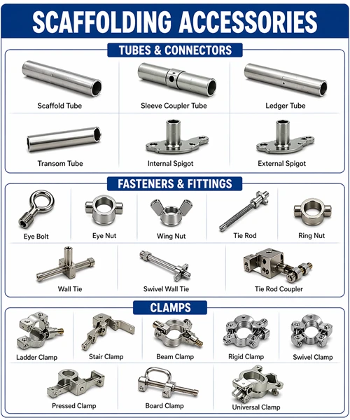 Scaffolding tubes, fittings and clamps for construction