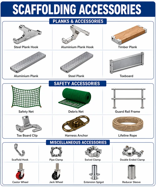 Scaffolding planks, safety items and accessories