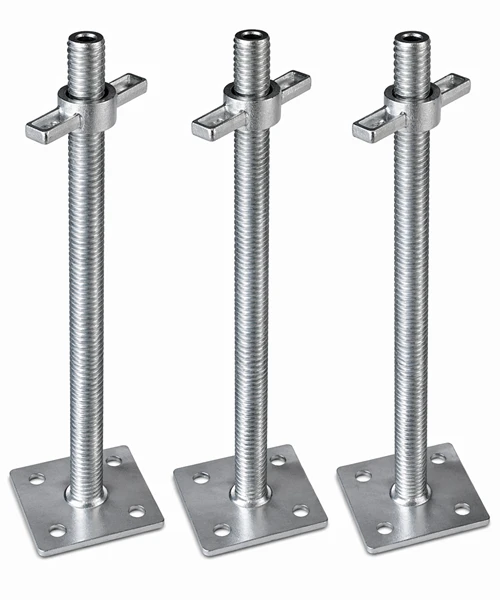 Adjustable scaffolding base jacks with square base plates