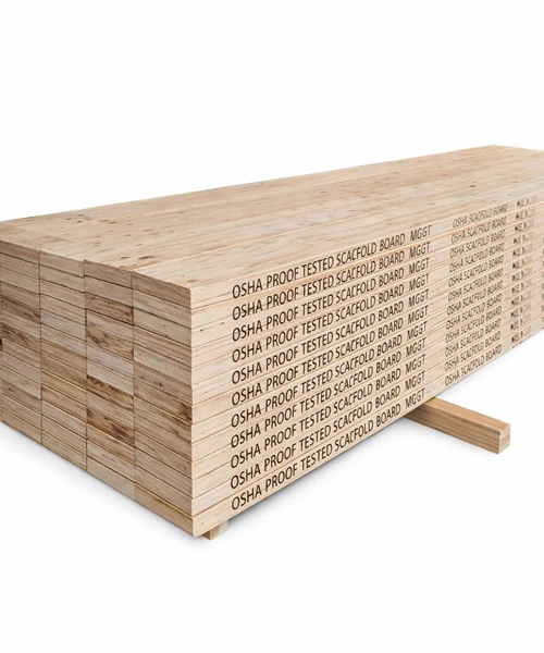 Stacked wooden planks used in scaffolding systems
